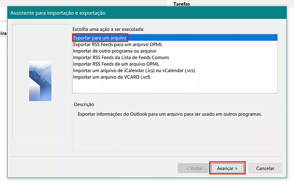 Selecione a opção para exportar dados do Outlook para um arquivo — Foto: Reprodução/Elson de Souza