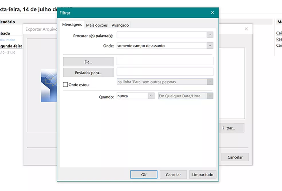 Outlook 2016 permite que usuário filtre mensagens que serão incluídas no backup — Foto: Reprodução/Elson de Souza